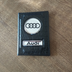 Уникальный дизайн обложки для документов с логотипом AUDI на основании подложки из зеркального хрома,Обложка для документов с логотипом audi для мужа брат любимому подарок купить заказать доставка,Кожаная обложка на документов с логотипом автомобиля AUDI,